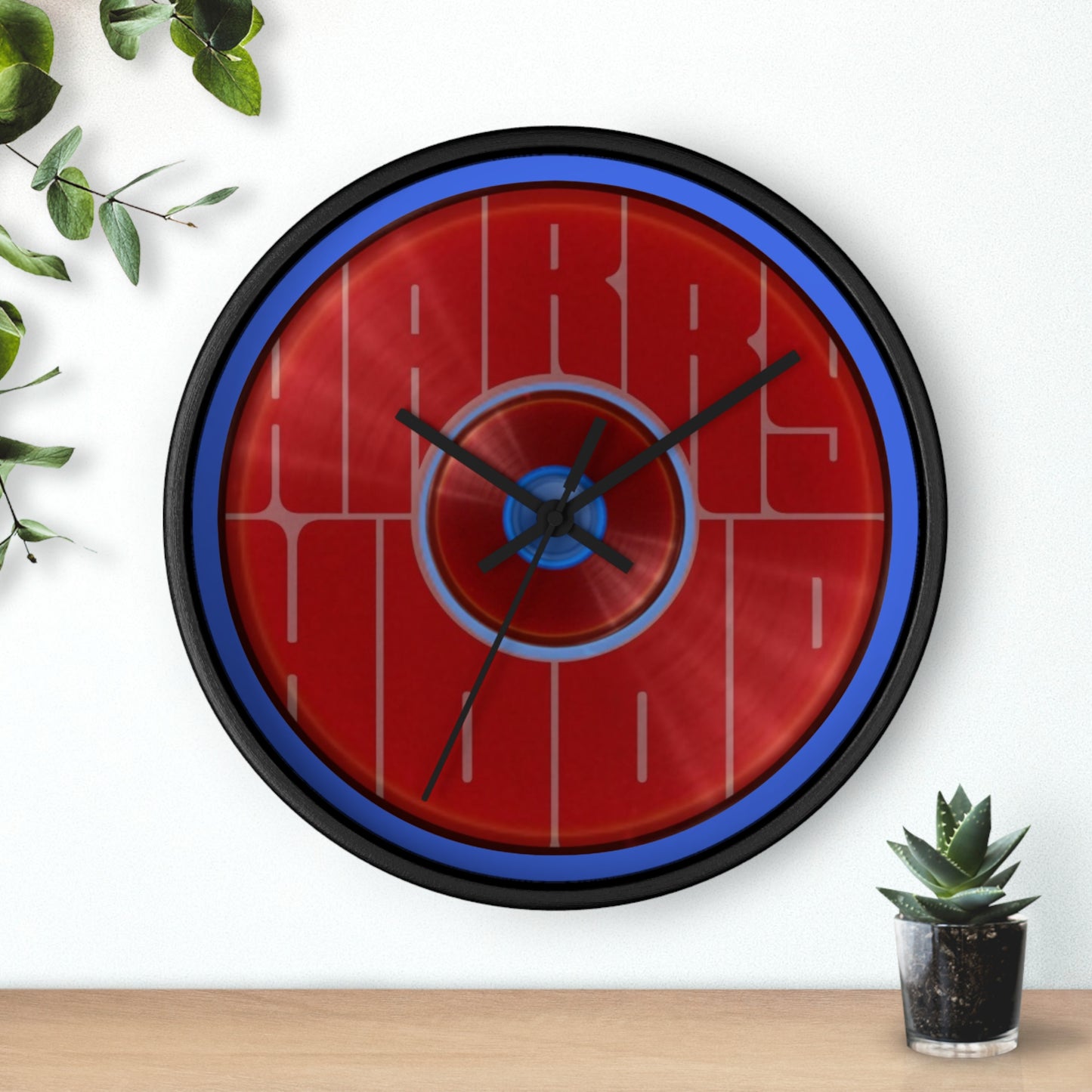 Lumpy Wall Clock - "Harry Hoodlum Donut Clock" - variant 4 - red vivid/word donut w/royal blue background