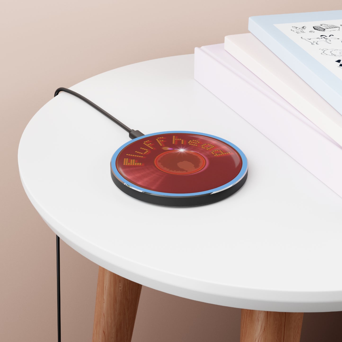 The Flow - Wireless Lumpy Donut Chargers - "The Fluffernutter Donut Charger" - vivid red donut w/light blue background
