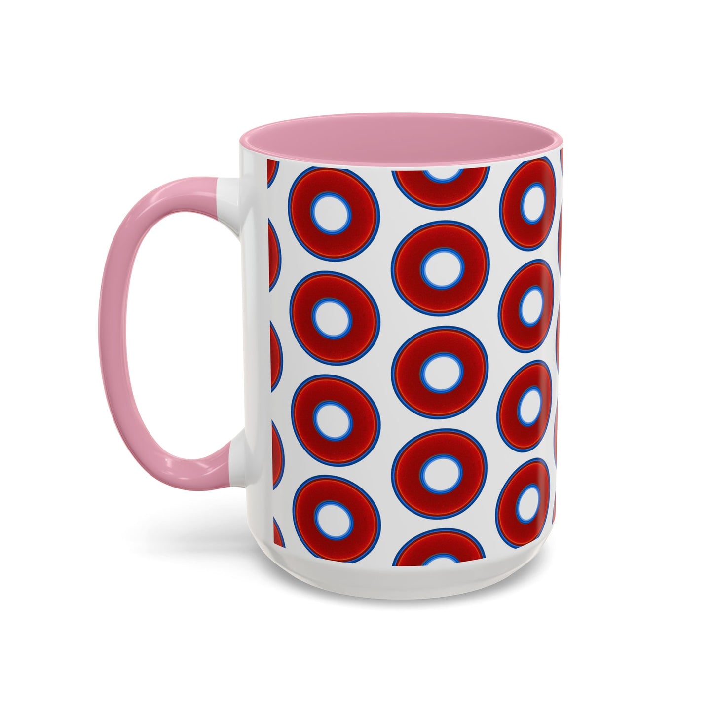 Lump's Grumpy Coffee Mug - vivid red donuts w/white background