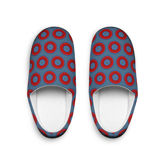 Men's Lumpy Slippers - red vivid donut print w/steel blue background