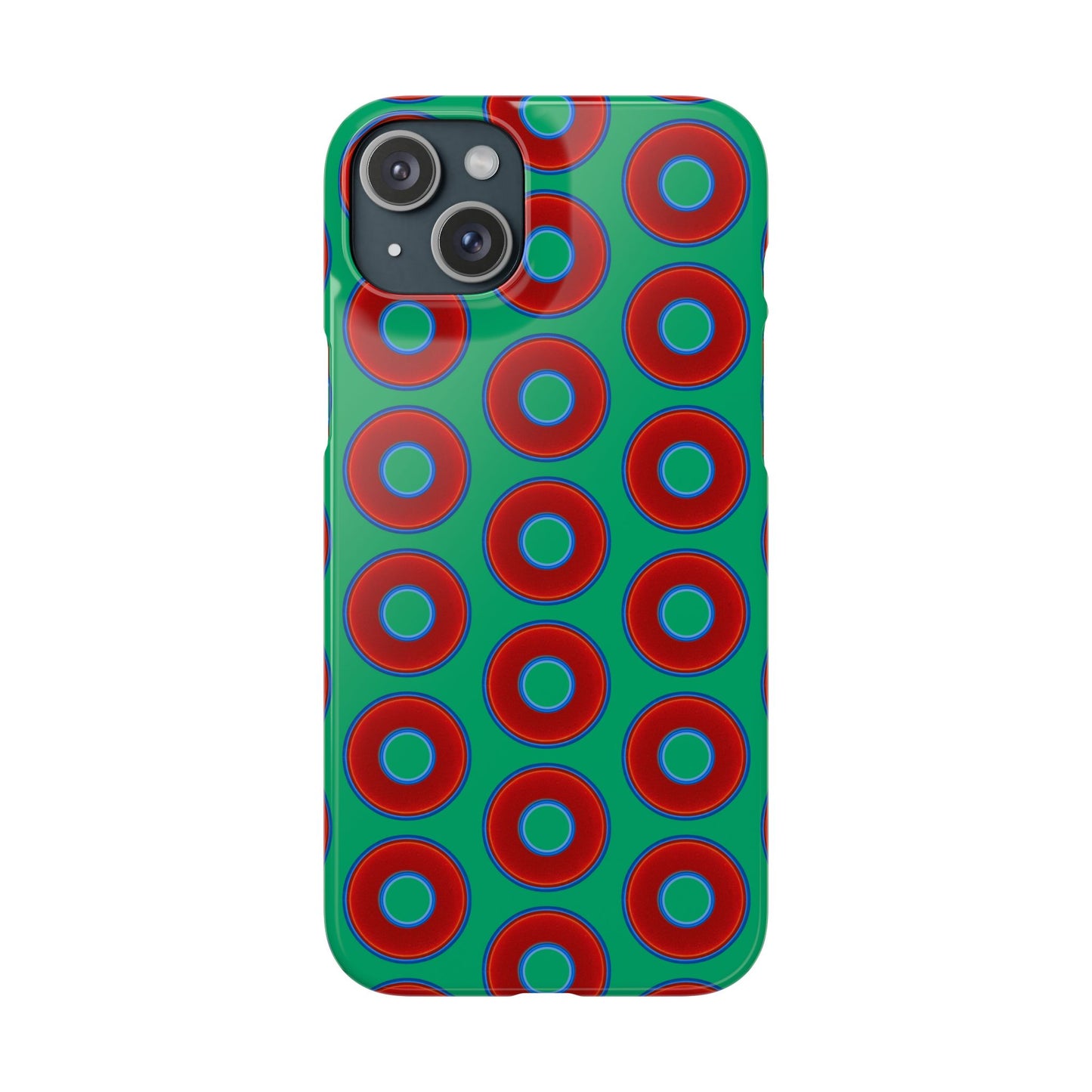 Lumpy Donut Snap Case - red vivid donut print w/jade green background