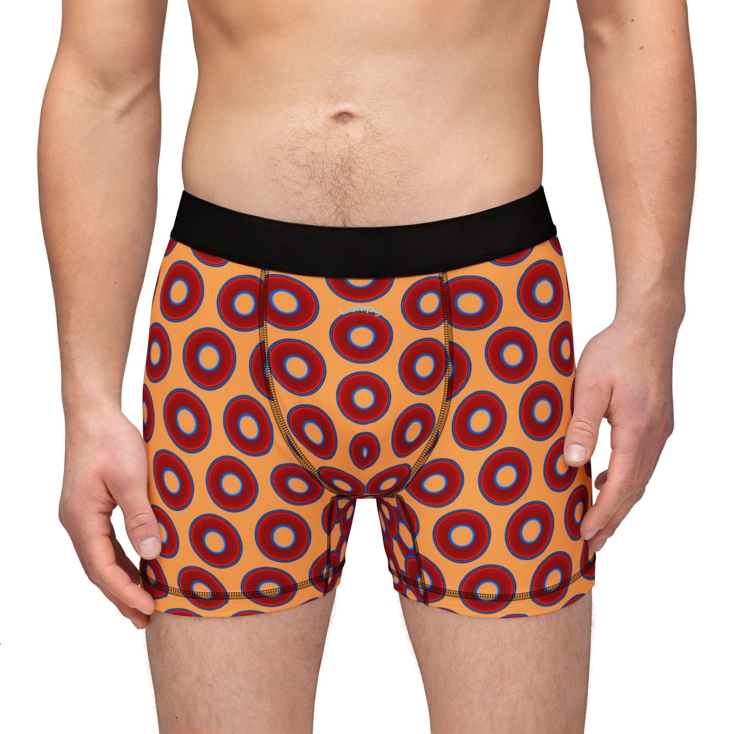 Men's Donut Boxers - red vivid donuts w/creamsicle orange background