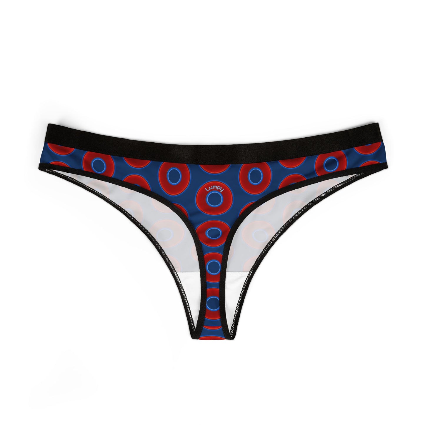 Lumpy Donut Thongs - red vivid donut print w/Atlantic blue background