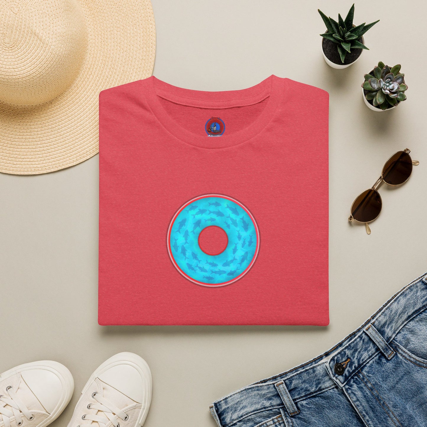 Classic Donut Tee - Unisex Soft-Style - "Skoolie of Phishies" - vivid sea donut - w/light blue water - variant 1