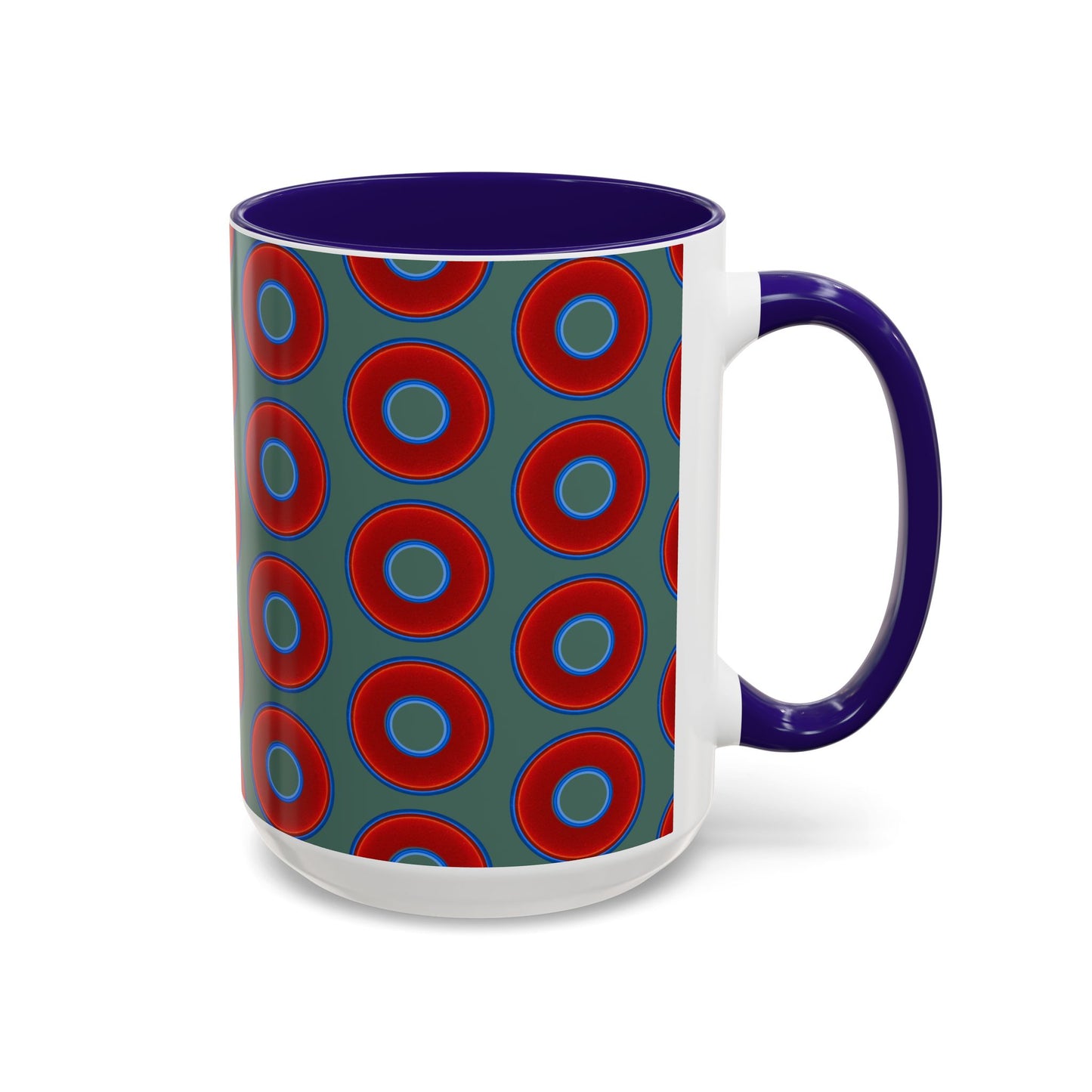 Lump's Grumpy Coffee Mug - vivid red donuts w/Fenway green background