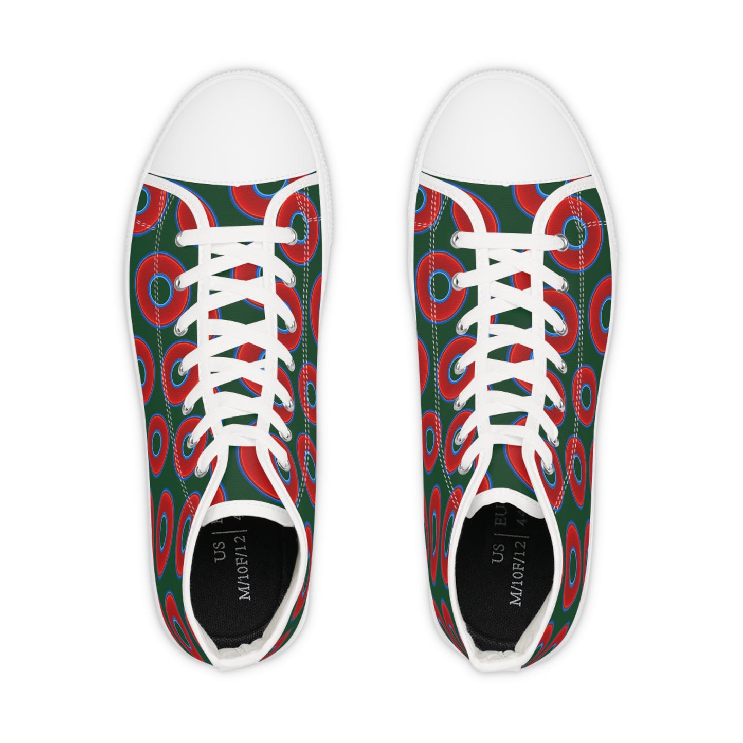 Men's High Top Chucks - large vivid red donut print w/deep pond green background