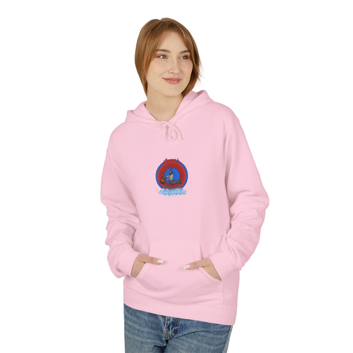 Unisex Fleece Hoodie - [Midweight Soft-style] - "Lump's Heady Logo" - w/rustic red donuts