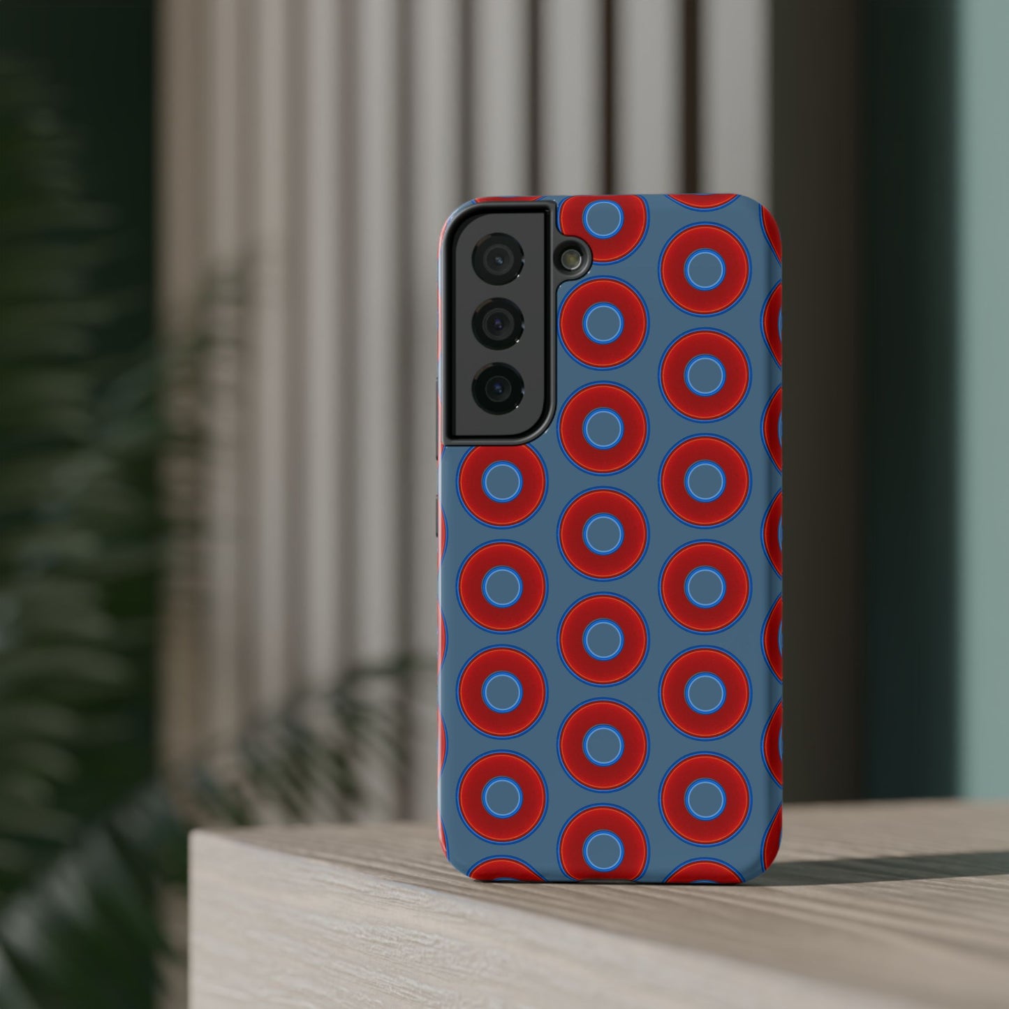 Impact-Resistant Lumpy Donut Case - red vivid donut print w/steel blue background