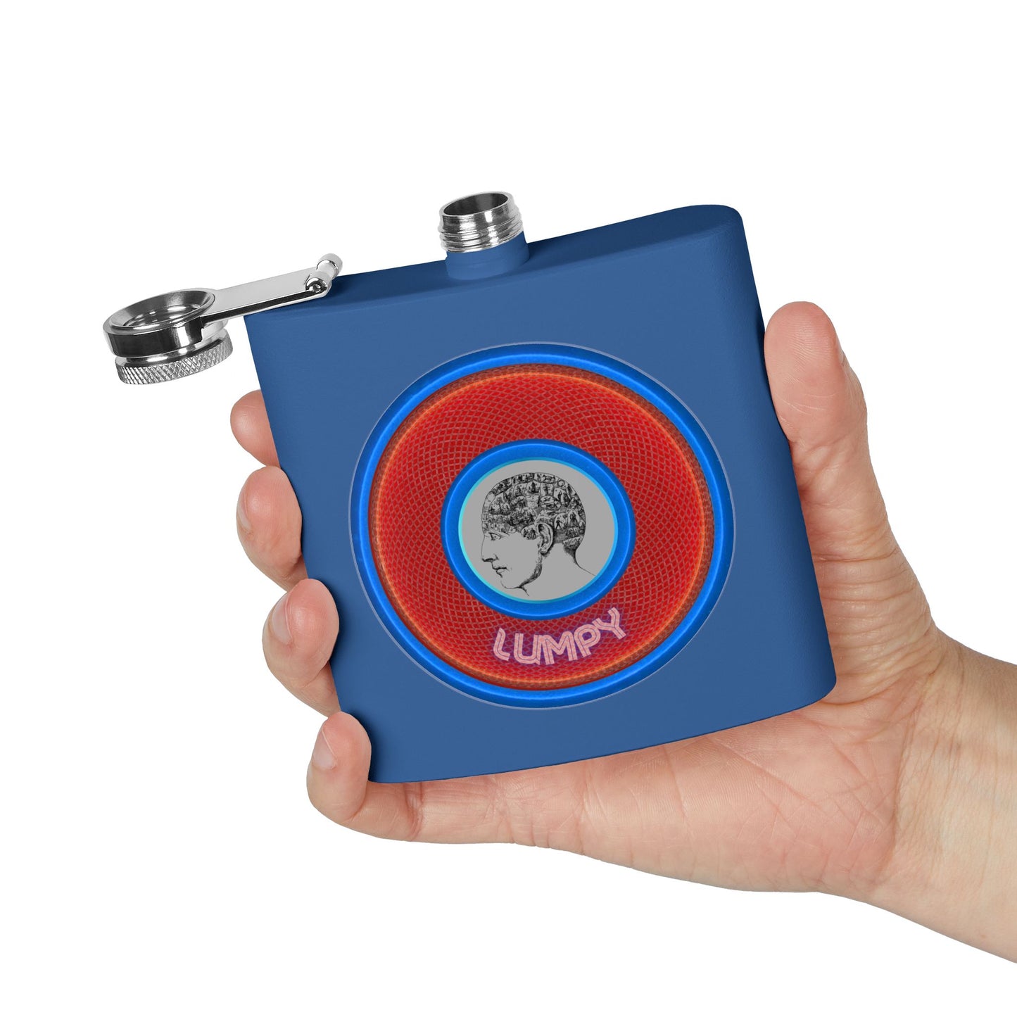 Lump's Donut Flask 6 oz -  "Our Lumpiest Flask" - red/blue rustic donut - [*w/your choice of 6 backgrounds]