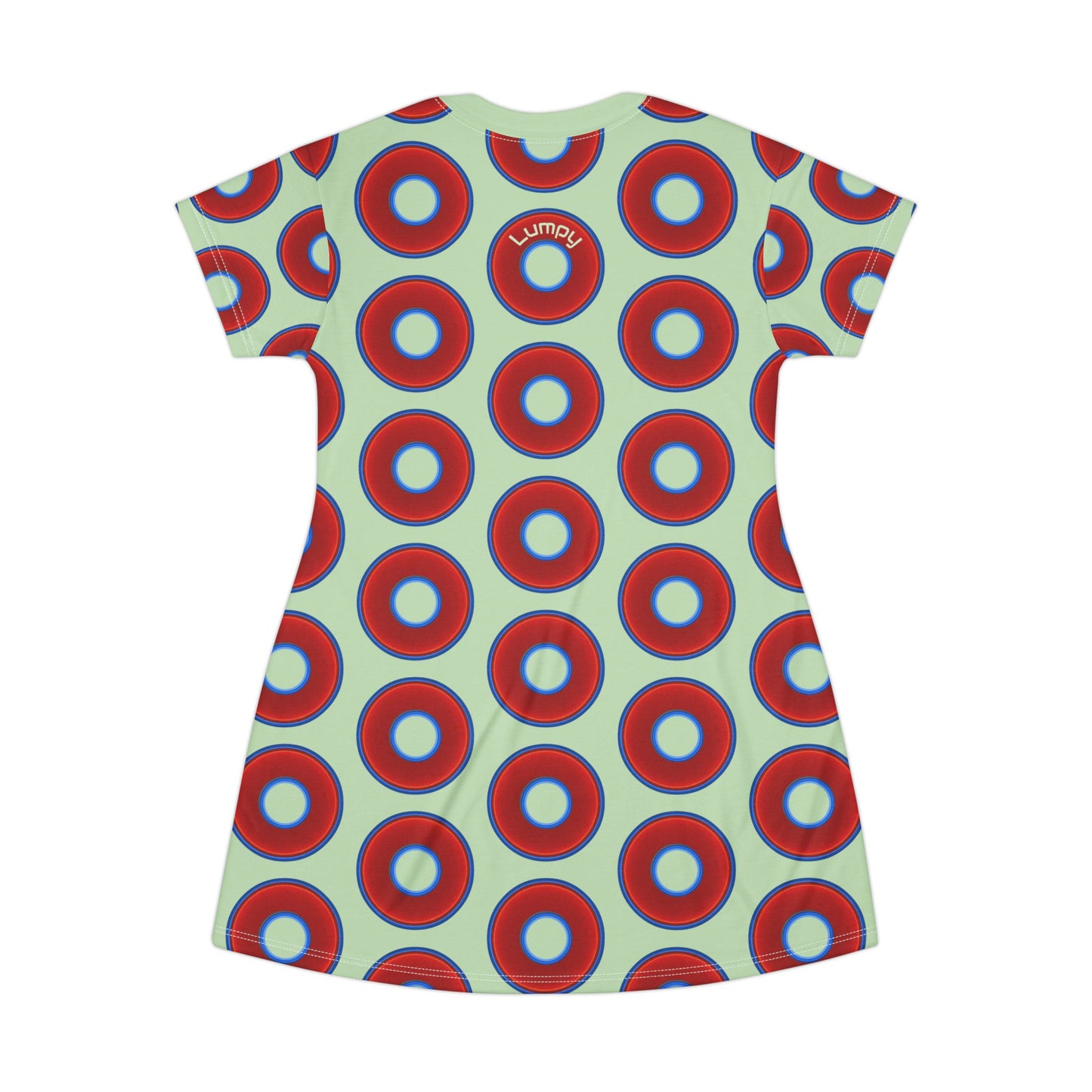 Not a Muumuu AOP Tee Shirt Dress - red vivid donuts w/seafoam green background