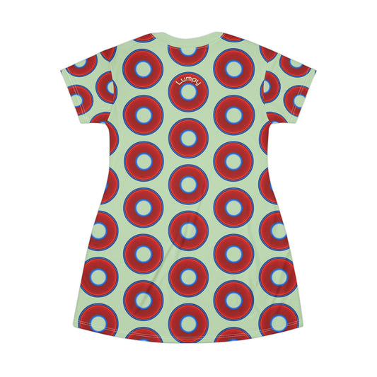 Not a Muumuu AOP Tee Shirt Dress - red vivid donuts w/seafoam green background