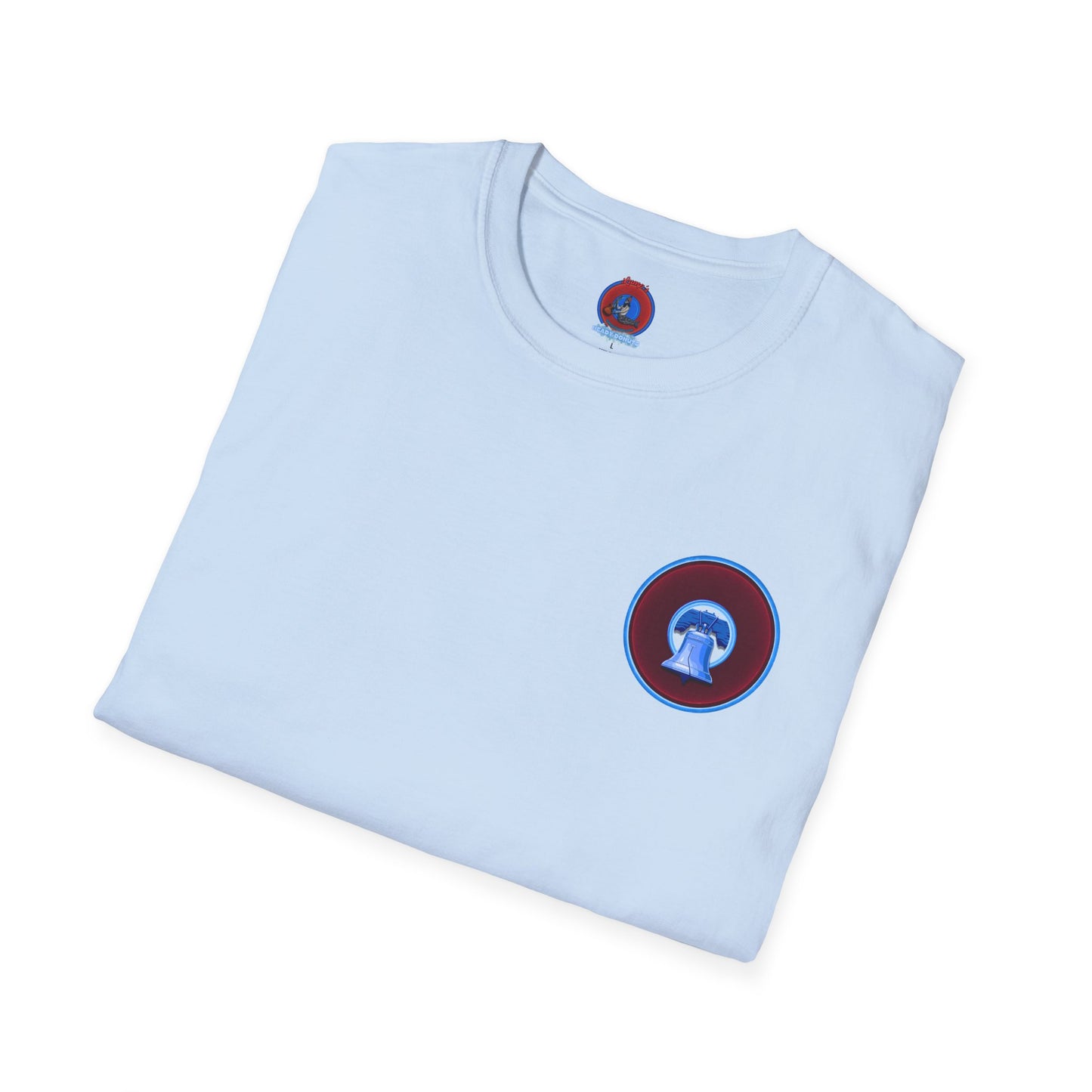 Classic Donut Tee - Unisex Soft-Style - "Brotherly Donuts Jawn" - vivid dark purple-red/light blue donut