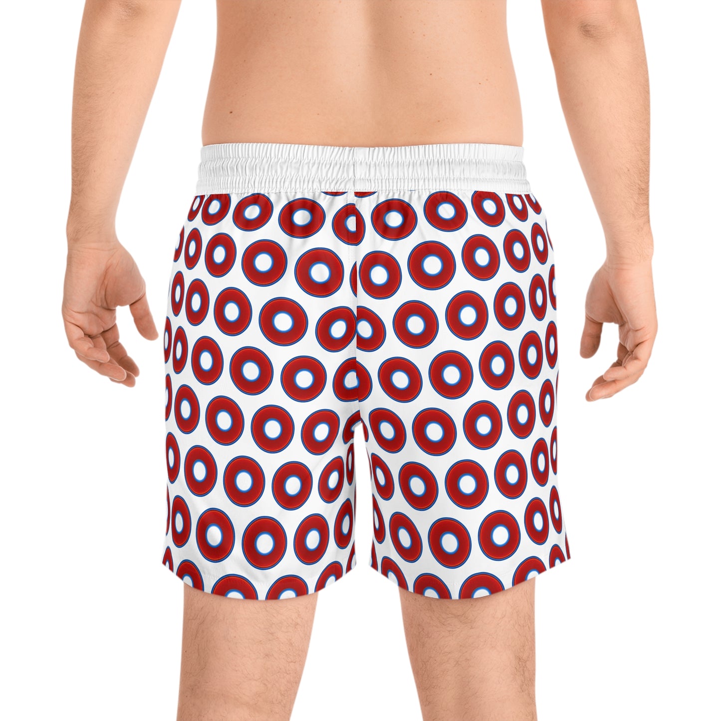 Men's Lumpy Swim Trunks - vivid red donut print w/white background