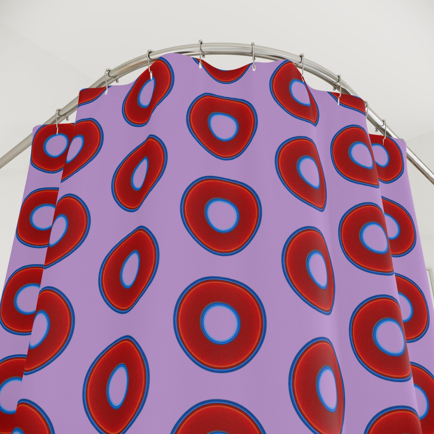 The Curtain With "Donuts" - Lumpy Bath Time Fun - vivid red donuts w/wisteria purple background