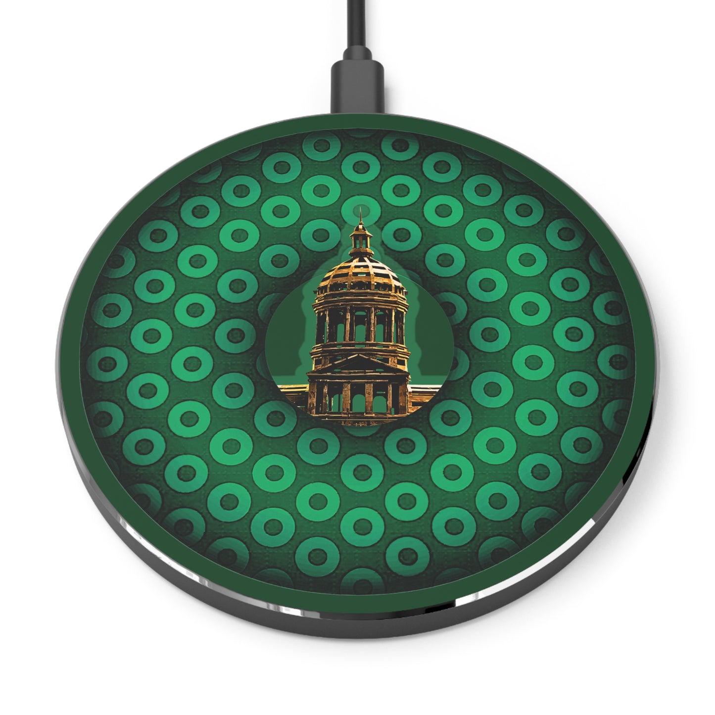 The Flow - Wireless Lumpy Donut Chargers - "Save Mondegreen City Hall" - green paradoxical donut w/deep pond green background - variant - 1
