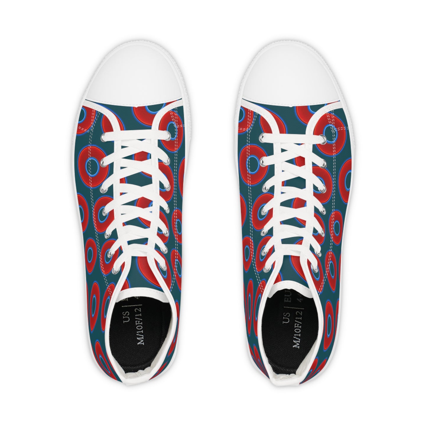Men's High Top Chucks - large vivid red donut print w/midnight teal green background