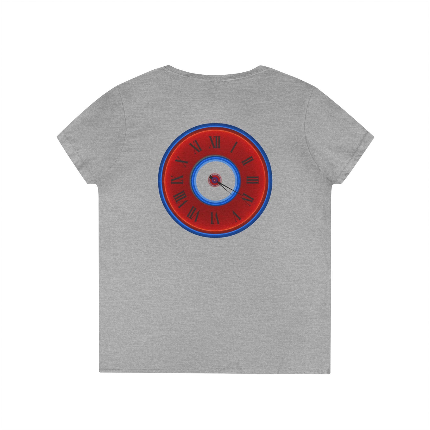 Women's Donut V-Neck Tee - "Time Treasurer's Donut Tee" - vivid red donut w/clock face