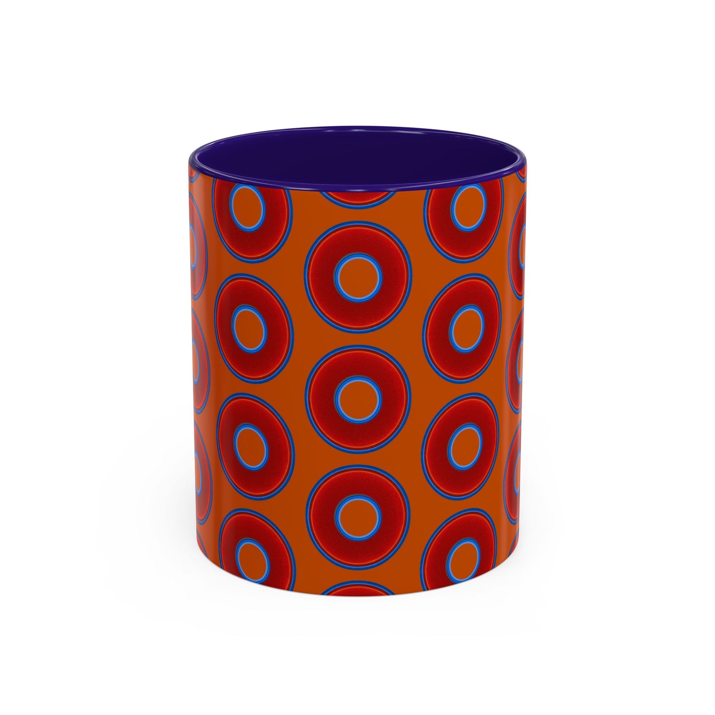 Lump's Grumpy Coffee Mug - vivid red donuts w/dark orange background
