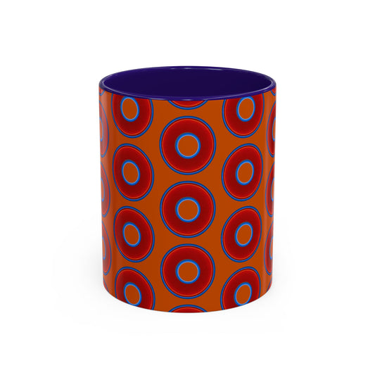 Lump's Grumpy Coffee Mug - vivid red donuts w/dark orange background