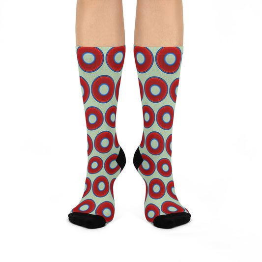Lumpy Sox - cushioned crew - vivid red donut print w/seafoam background