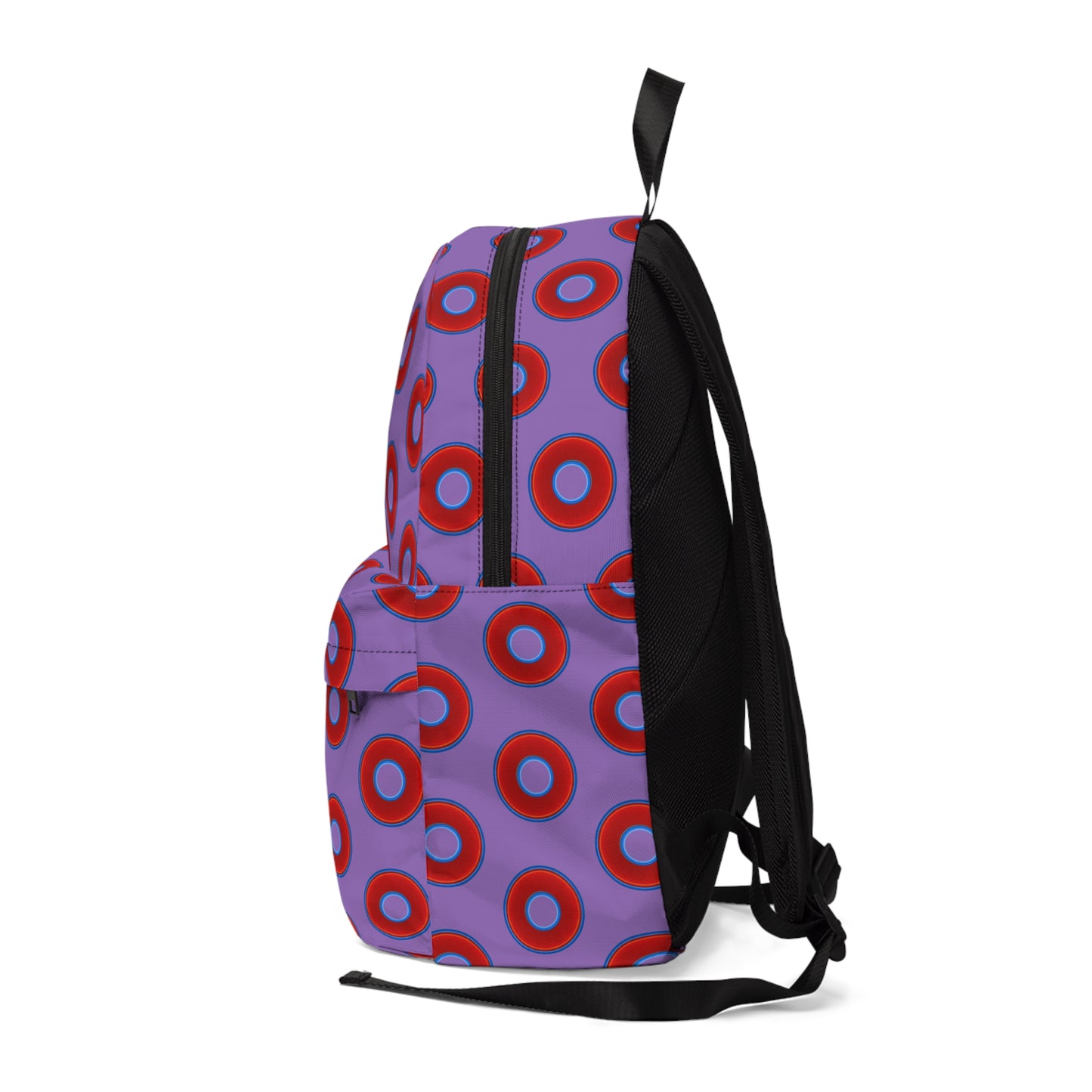 Donut Backpack - red vivid donuts w/light purple background