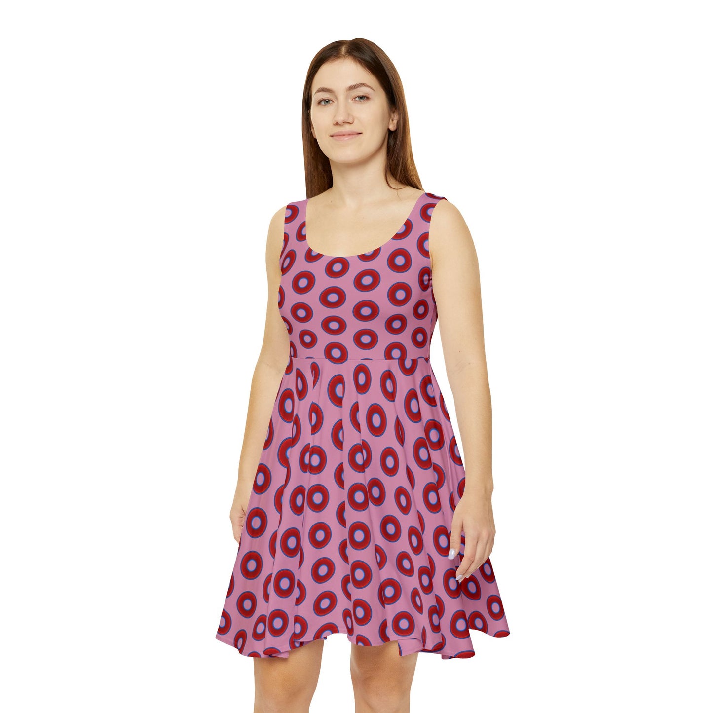 Women's Skater Donut Dress - vivid red donut print w/pale magenta background