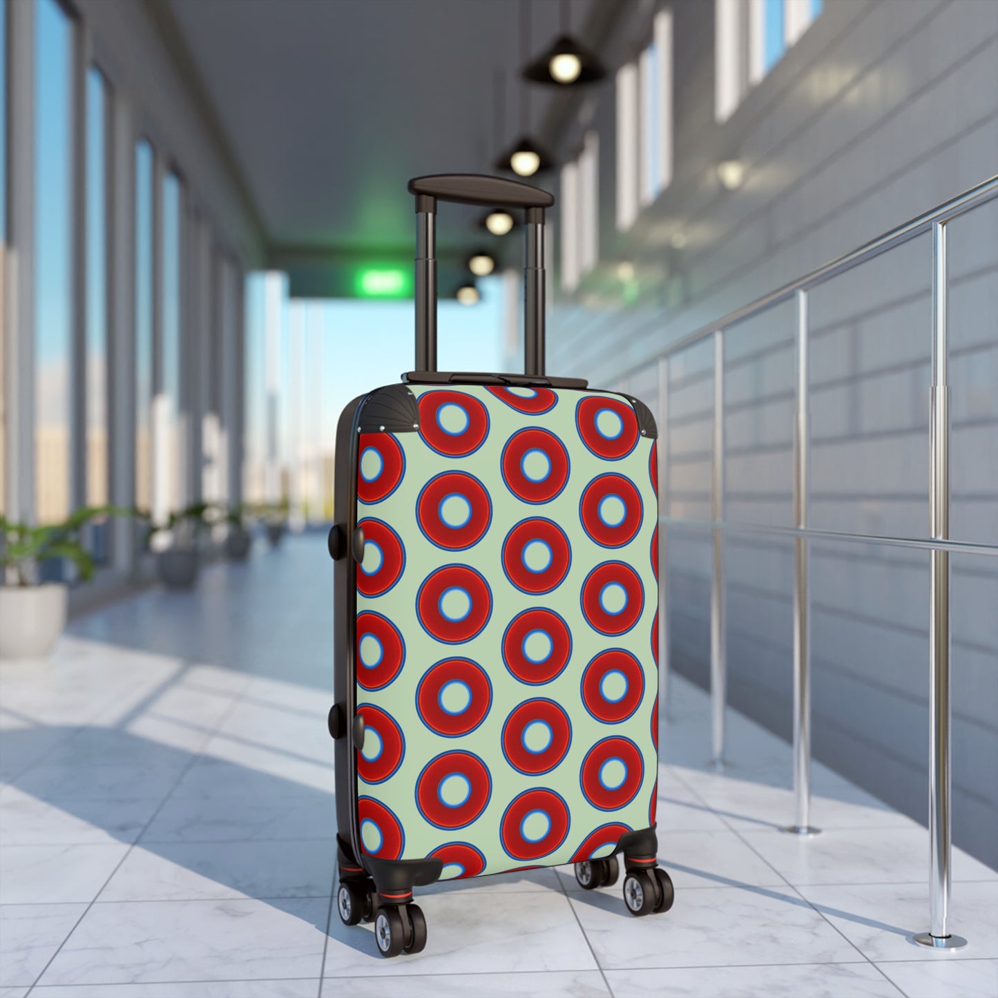The Very Lumpy Donut Suitcase series - your choice of S, M or L - vivid red donut print w/seafoam background