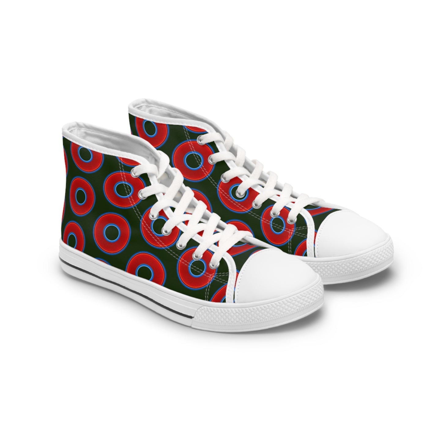 Women's High Top Chuck Taylors - large vivid red donut print w/deep forest green background