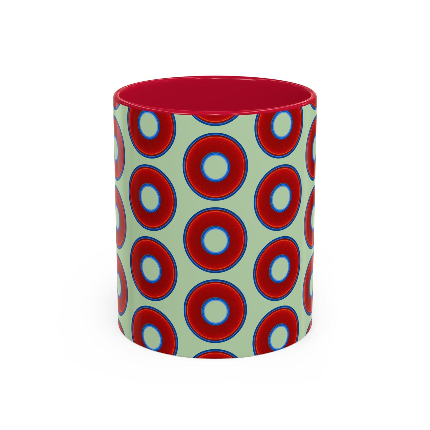Lump's Grumpy Coffee Mug - vivid red donuts w/seafoam background