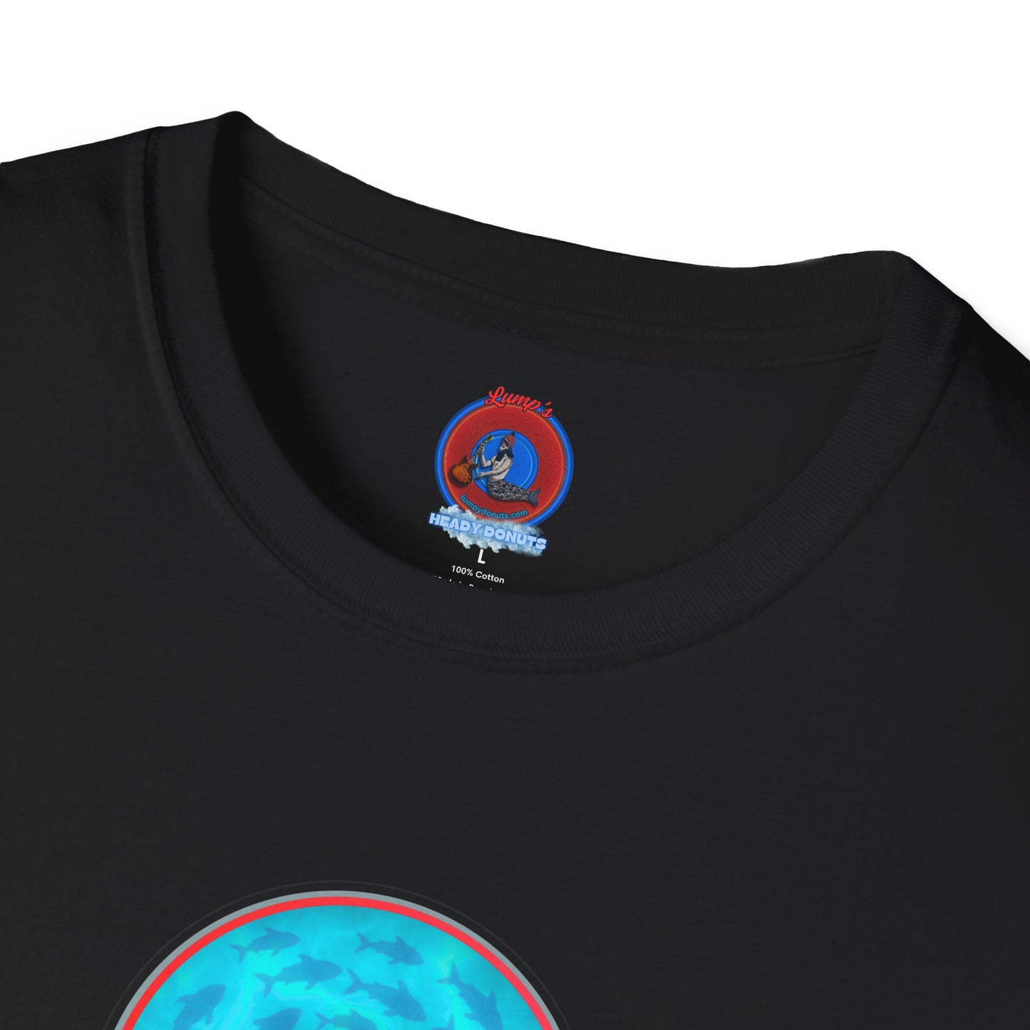 Classic Donut Tee - Unisex Soft-Style - "Skoolie of Phishies" - vivid sea donut - w/light blue water - variant 1