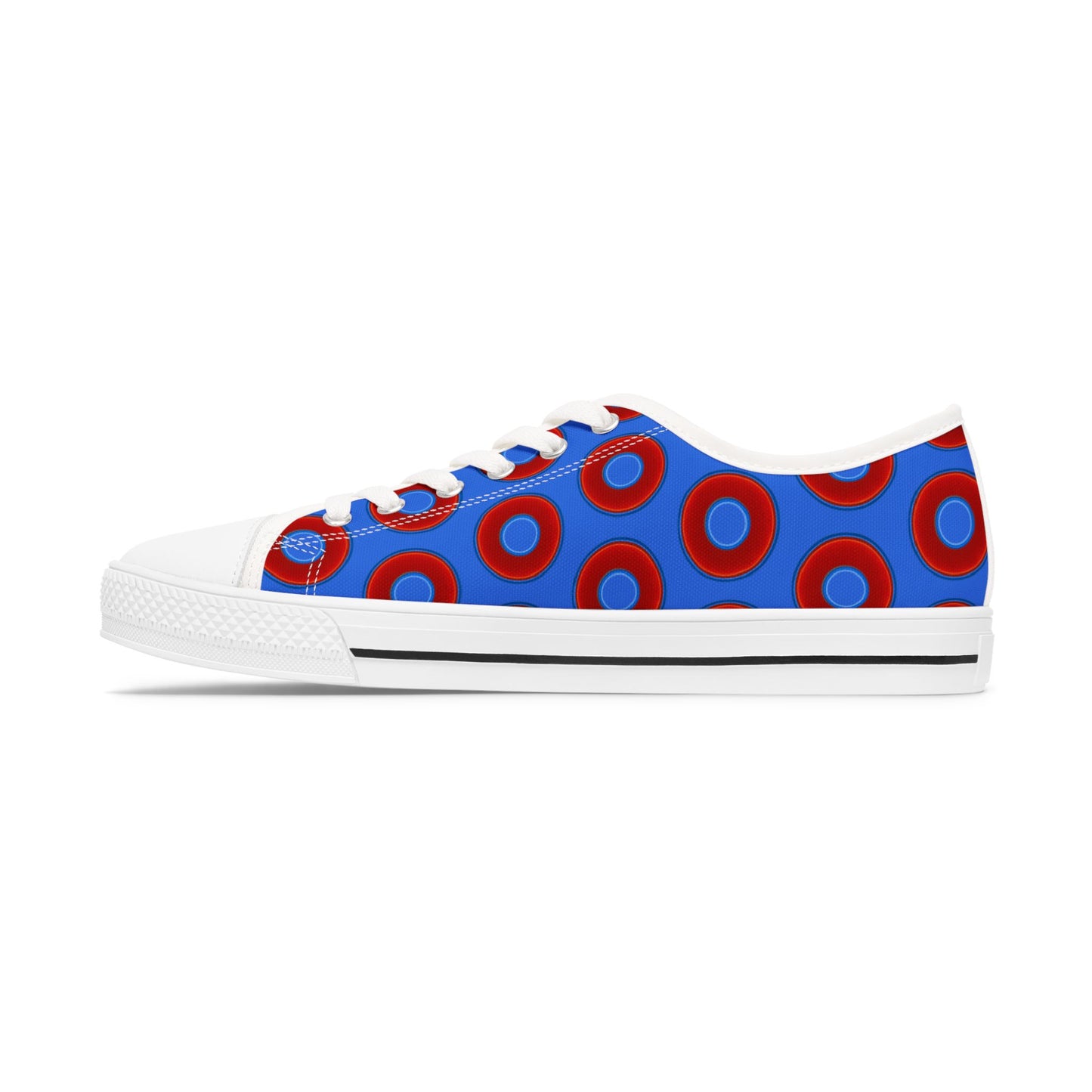 Women's - Low Top Chuck Taylors - large vivid red donut print w/medium royal blue background
