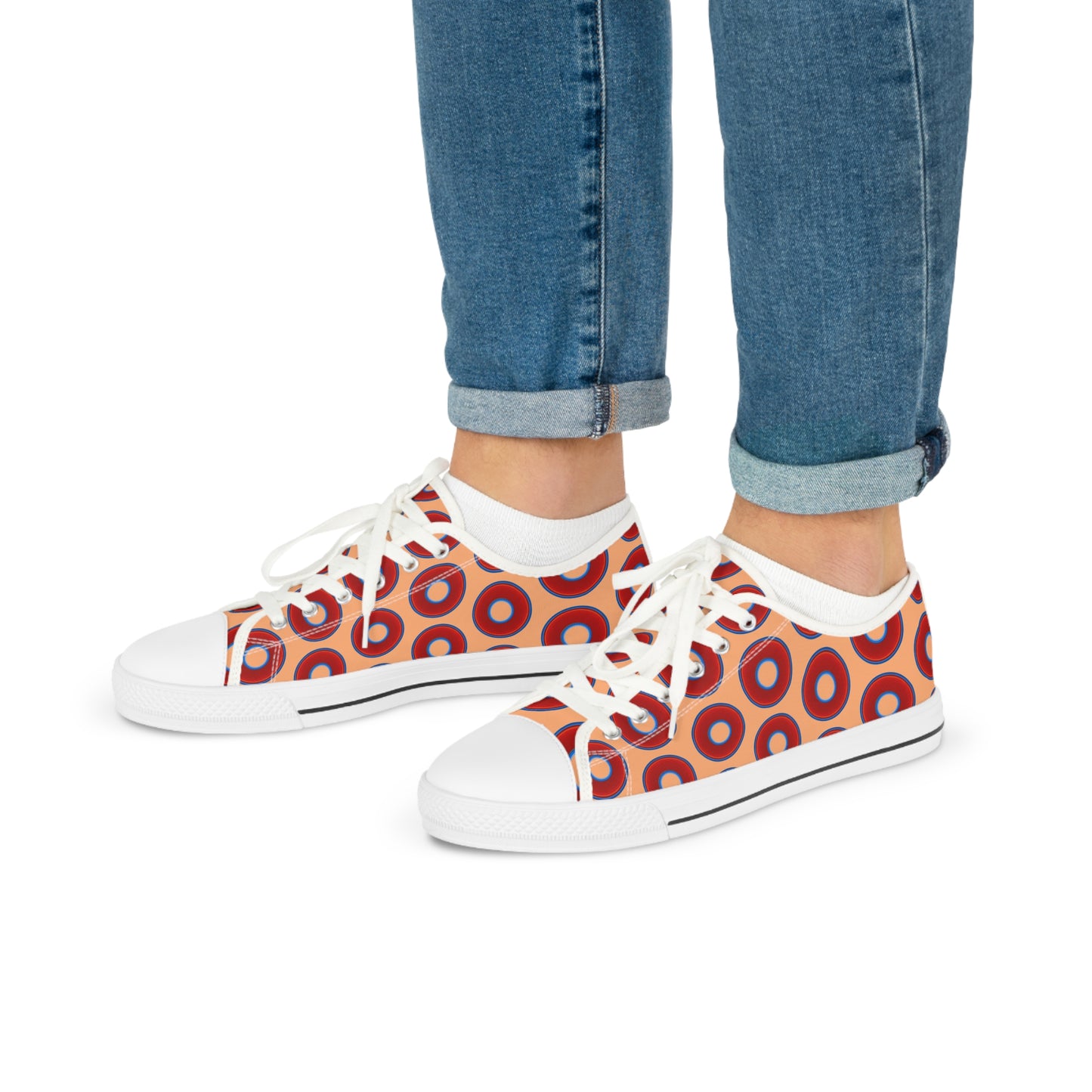 Men's - Low Top Chuck Taylors - large vivid red donut print w/peach background