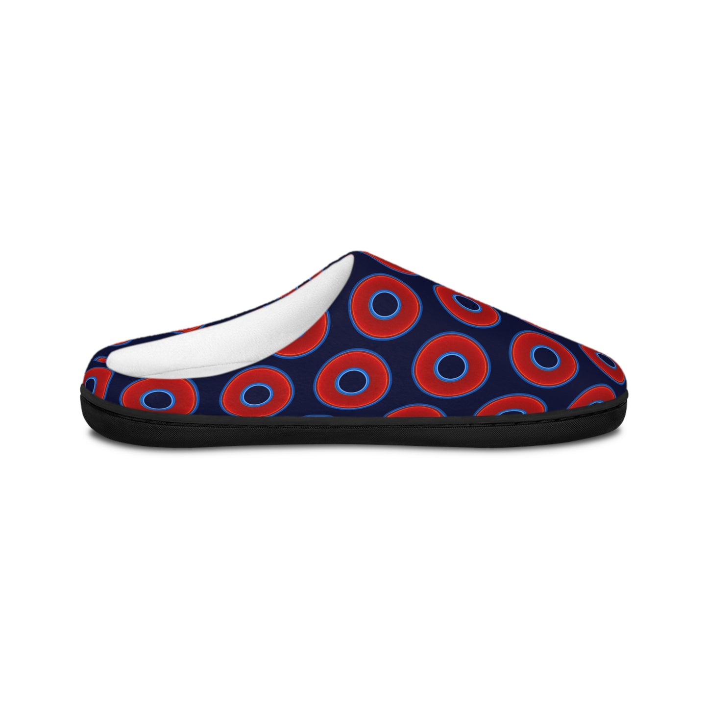 Men's Lumpy Slippers - red vivid donut print w/dark navy blue background