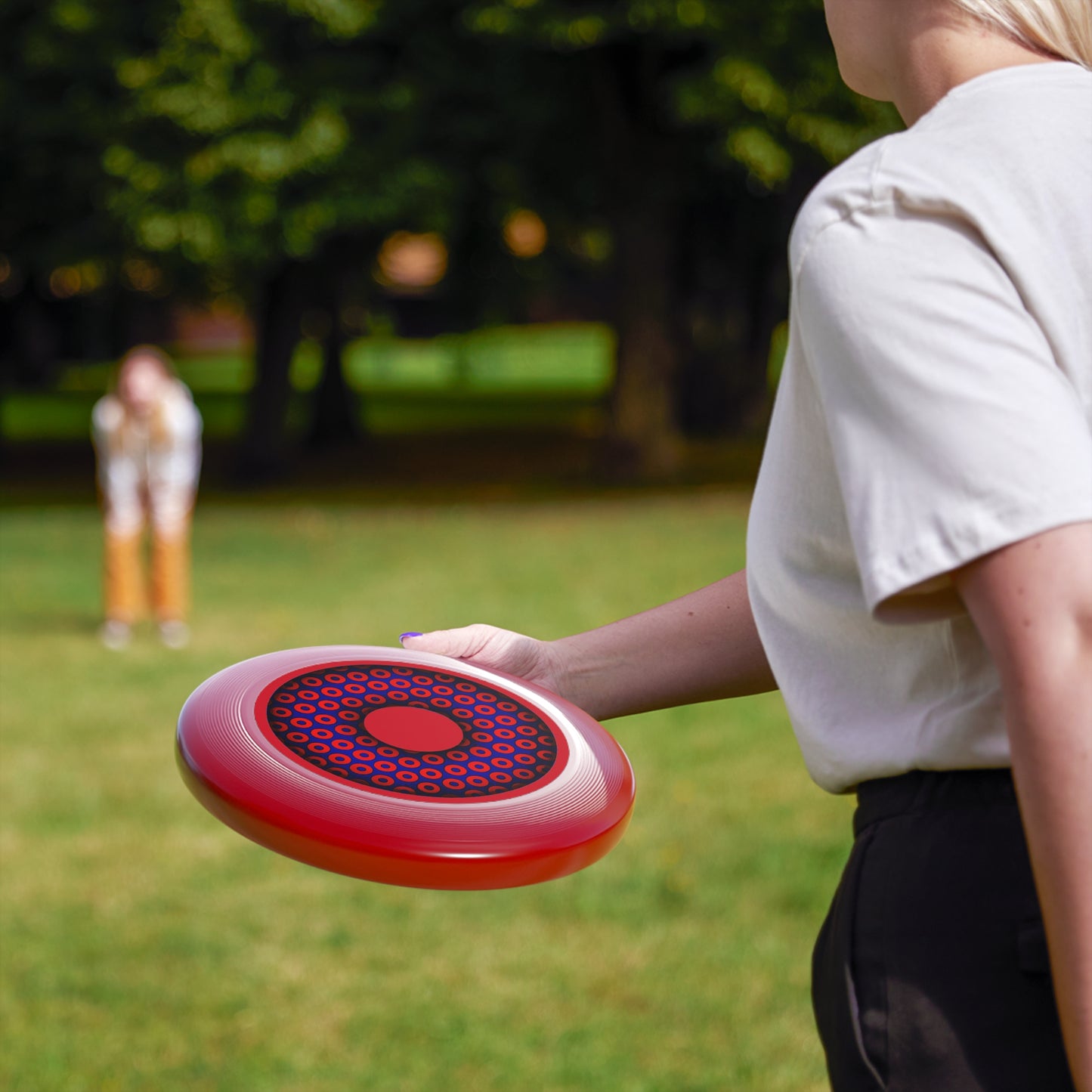 Lumpy Wham-O Donut Frisbee - "Grid Paradox Donut Phrisbee" - red/dark blue