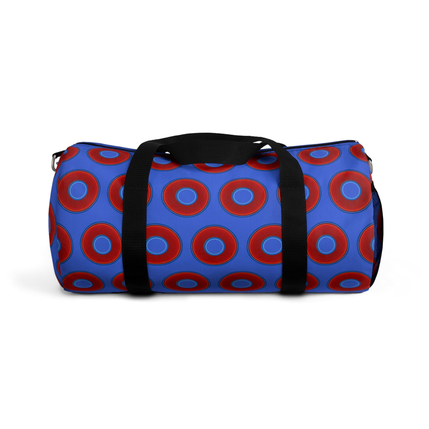 Lumpy Duffel - vivid red donuts w/royal blue background