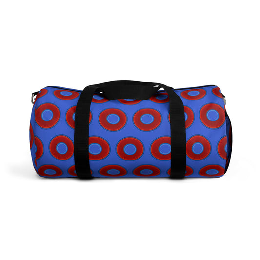 Lumpy Duffel - vivid red donuts w/royal blue background
