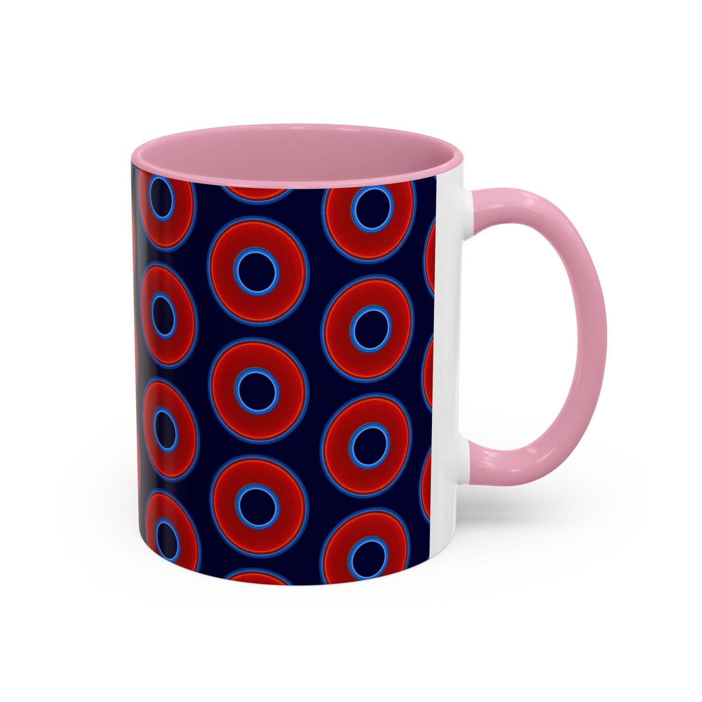 Lump's Grumpy Coffee Mug - vivid red donuts w/midnight blue background
