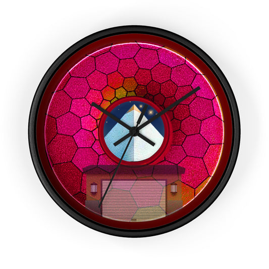 Lumpy Wall Clock - "Limestone Donut Clocks so Large" - variant 6 - magenta hexadonut w/dark crimson background