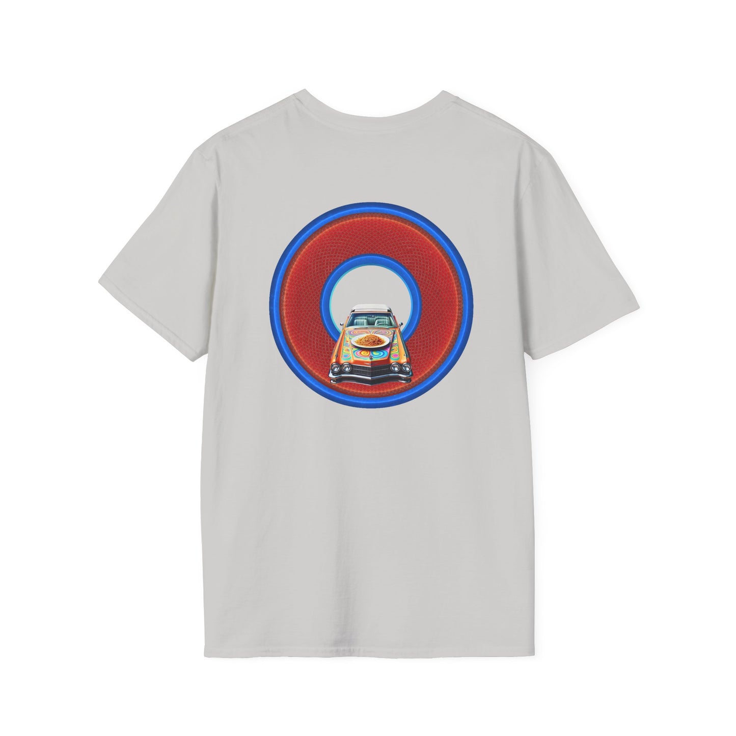 Classic Donut Tee - Unisex Soft-Style - "Cadillac Rainbows Spaghetti Incident" - series 1.0  - variant 4 - red/blue donut