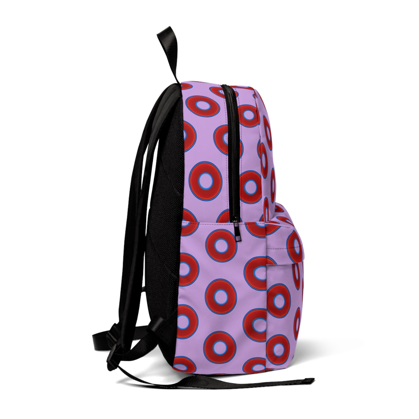 Donut Backpack - red vivid donuts w/wisteria purple background