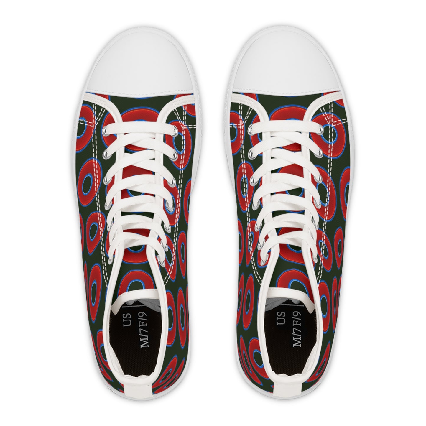 Women's High Top Chuck Taylors - large vivid red donut print w/deep forest green background