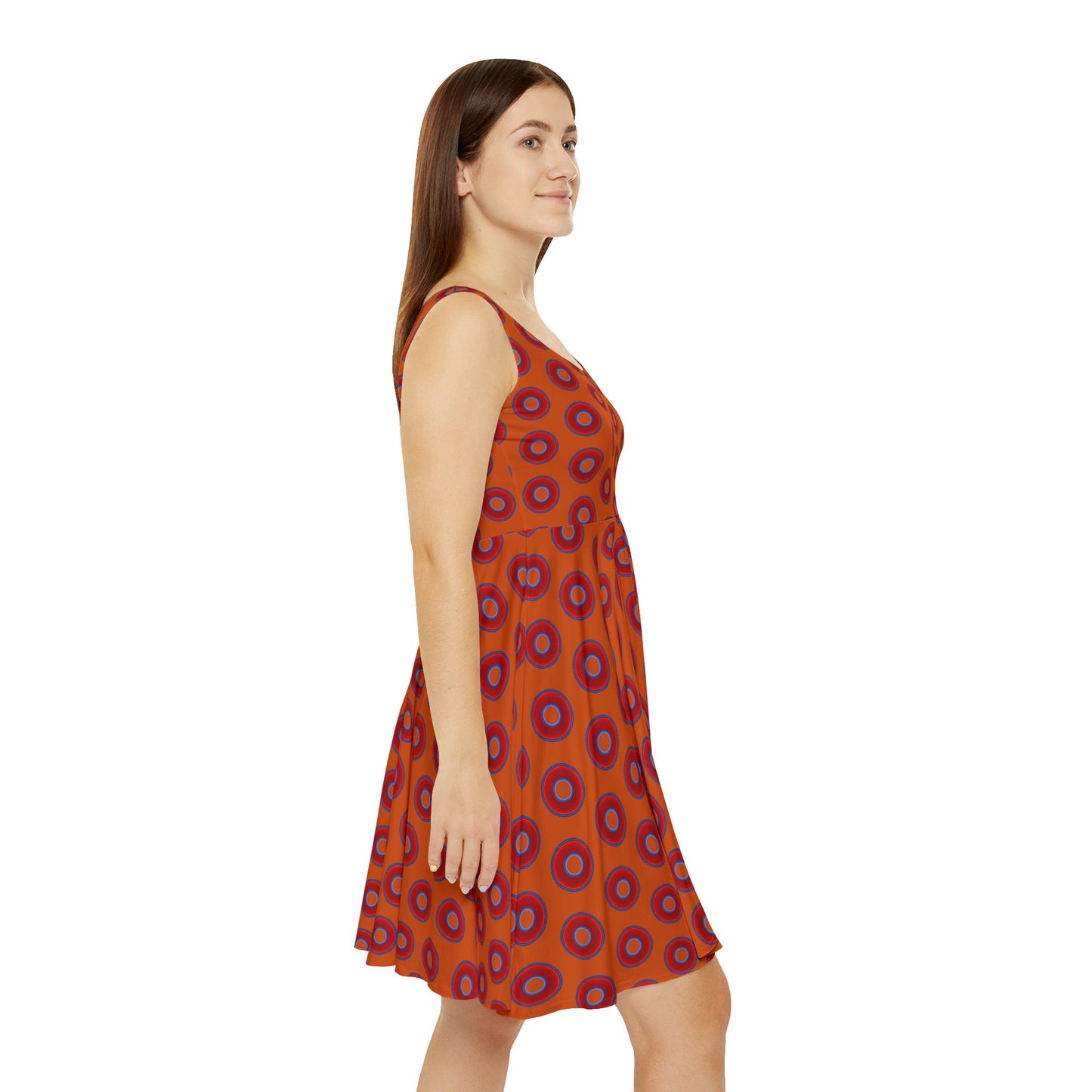 Women's Skater Donut Dress - vivid red donut print w/dark orange background