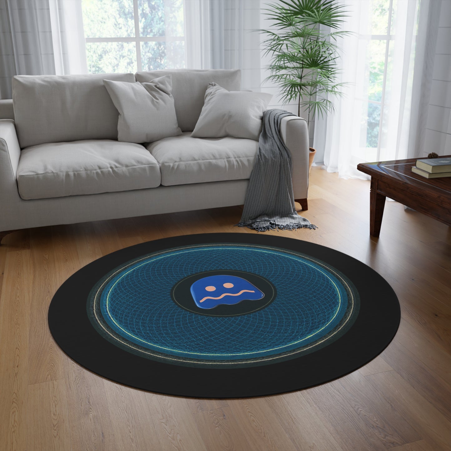 Round Room - 5 ft x 5 ft Lumpy Donut Rug - "Ghosted Donut Rug" - symmetrical black/blue donut w/black background