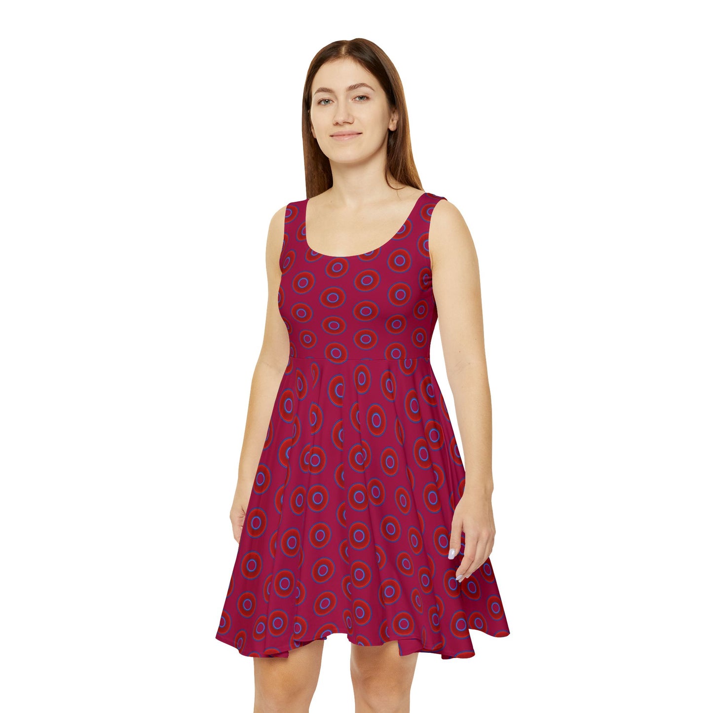 Women's Skater Donut Dress - vivid red donut print w/dark magenta background
