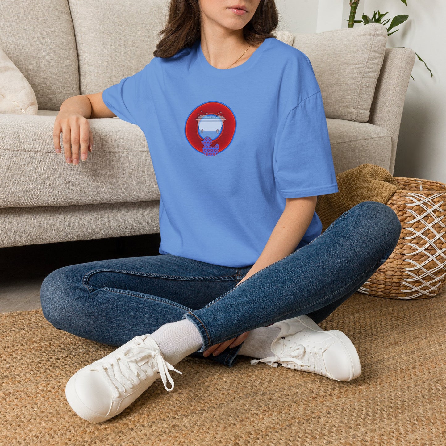Classic Donut Tee - Unisex Soft-Style - "Rubber Ducky Bath Time Donut" - vivid red/blue donut - w/bathtub - variant 2
