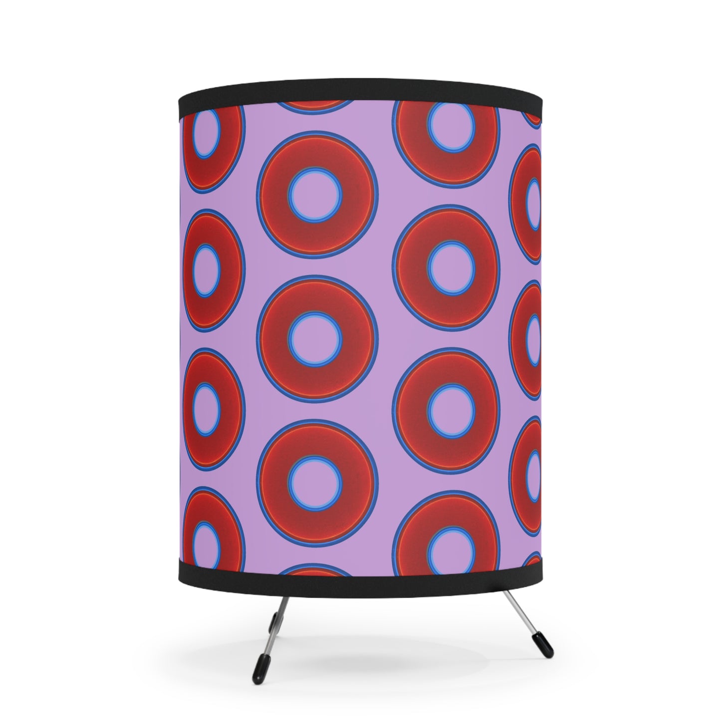 Lumpy Tripod Donut Lamp - vivid red donuts w/wisteria purple background