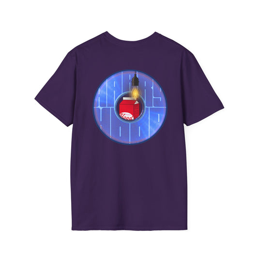 Classic Donut Tee - Unisex Soft-Style - "Harry Left His Shirt" - series 1.0  - variant 4 - purple/blue donut - w/light on