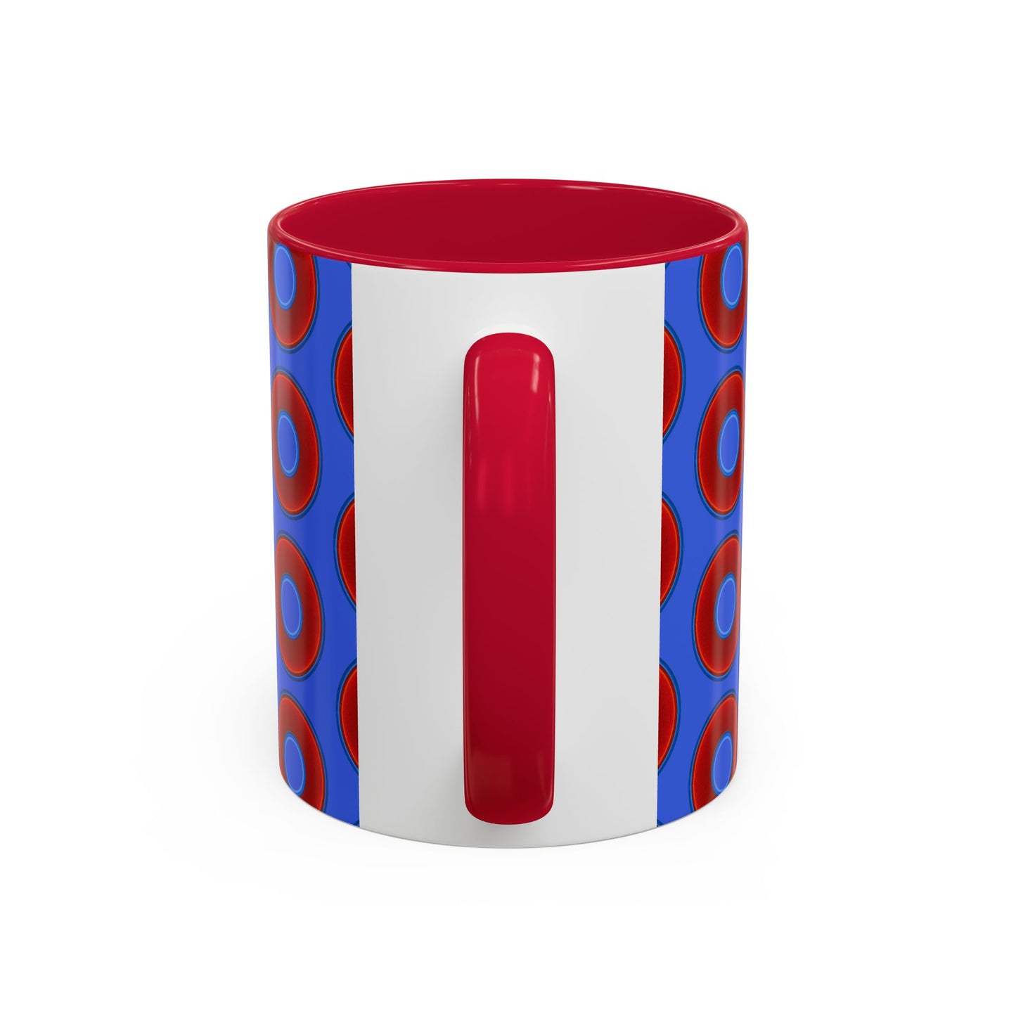 Lump's Grumpy Coffee Mug - vivid red donuts w/royal blue background