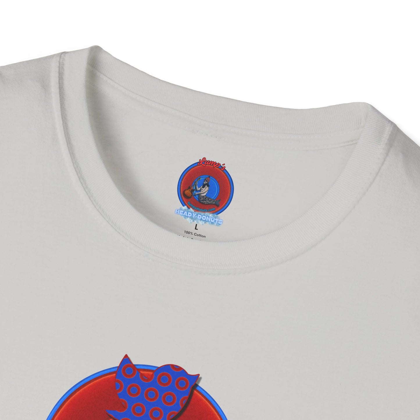 Classic Donut Tee - Unisex Soft-Style - "Phamous Mocking Donut" - vivid red/blue donut