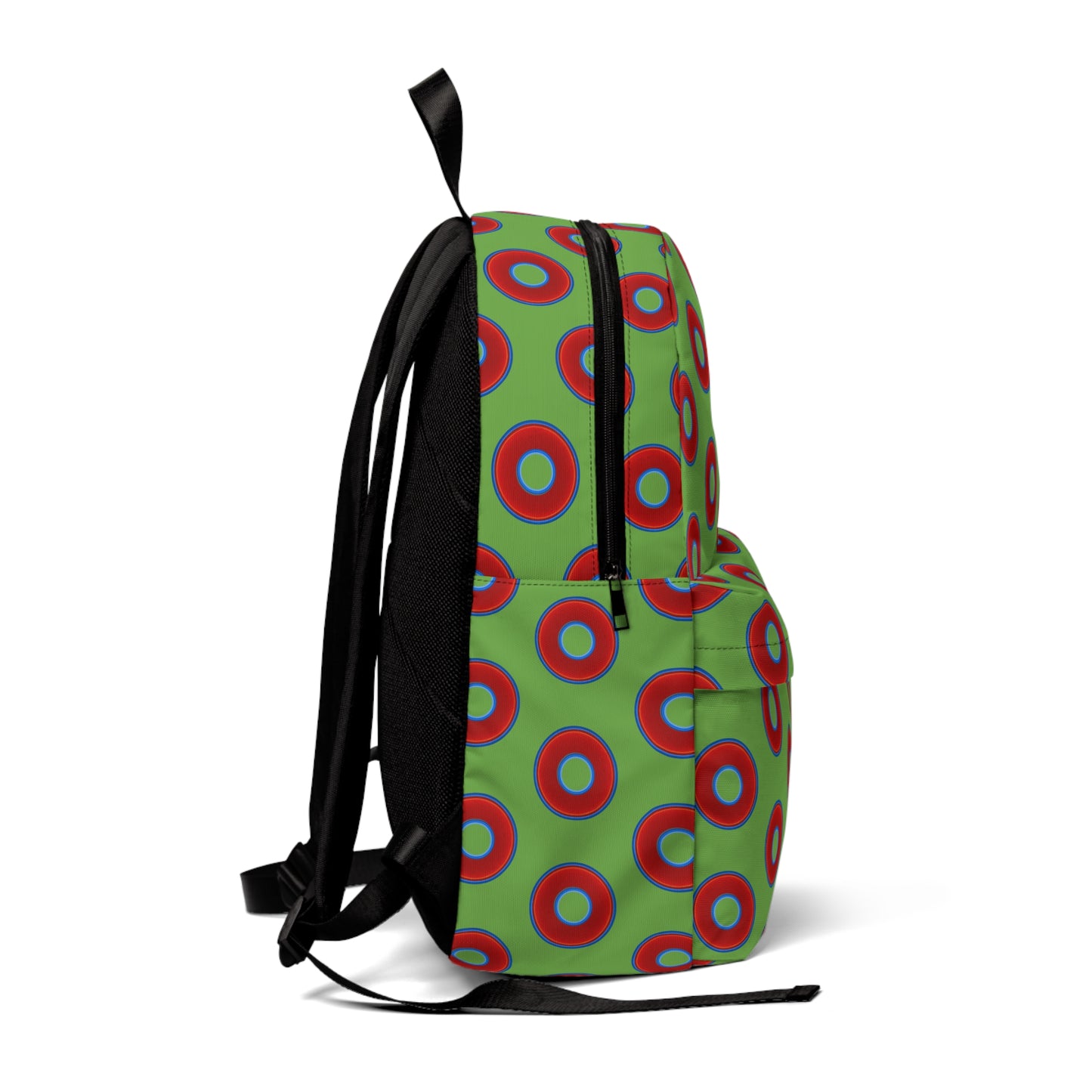 Donut Backpack - red vivid donuts w/light green background